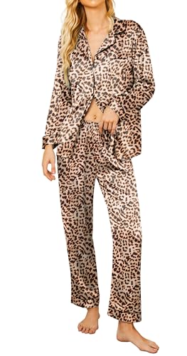 Ekouaer Silk Satin Pajamas Women's Long Sleeve Pj Set Soft Button Down 2 Piece Sleepwear Loungewear Brown Leopard,XL