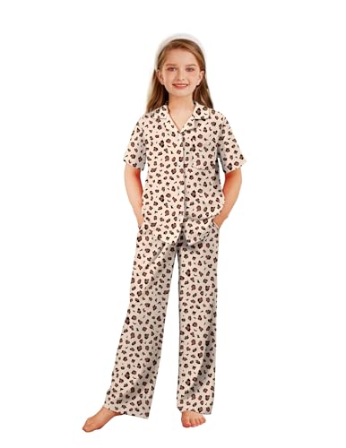 Arshiner Pajamas for Girls Short Sleeve Long Pants Outfit 2 Piece Sleepwear Button Pjs Sets Leopard 5-6 Years