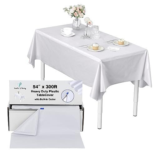 Craft And Party, 54 in x 300 feet Plastic Table Cover Roll for Party, Banquet, Picnic, Kids Activities for Any Size and Shape Table (White, 54" x 300ft)