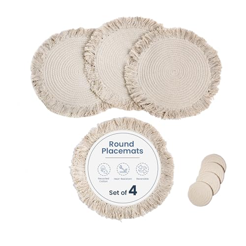 The Fine Living Co. Braided Cotton Placemats (Set of 4, 15 Inches) with 4-Free Coasters, Washable Anti-Slip Heat Resistant Mats, Boho Woven Round Table Mats for Summer Table Decor, Kitchen and Dining