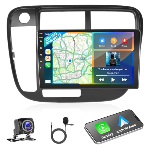 Podofo 2G+32G 2 Din Car Stereo for Honda Civic 1996-2001 with Wireless Carplay Android Auto,9 Inch Android 13 Car Radio Tourchscreen Support GPS/Mirror Link/SWC/FM&RDS Radio+AHD Backup Camera+Micphone