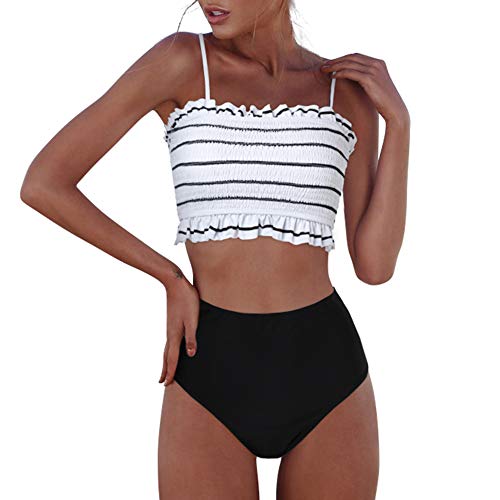 RXRXCOCO Womens Shirred Bandeau Bikini Cute Two Piece Swimsuit Off Shoulder High Waist Bathing Suit White Large