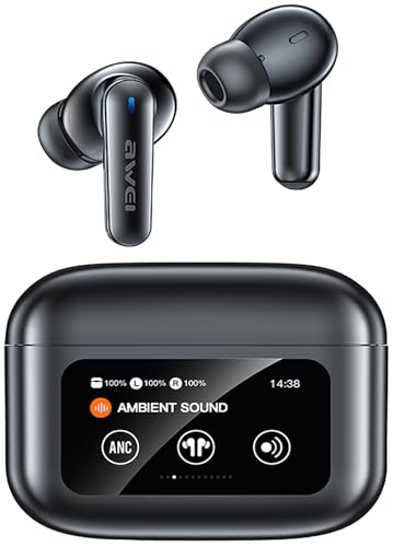 AWEI Wireless Earbuds Bluetooth 5.4, Smart Touch Screen Wireless Earphones LED Colour Screen with Touch Control, Sport Waterproof Wireless Bluetooth Headphone, Suitable for iPhone/Android （Black）