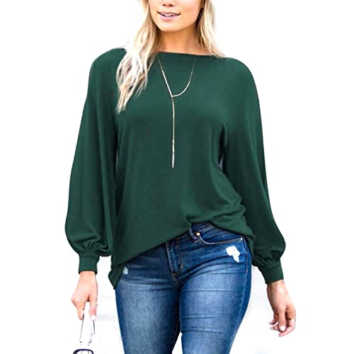 PESION Womens Casual Bishop Sleeve Blouse Boat Neck T-Shirts Tunic Tops, Green Large