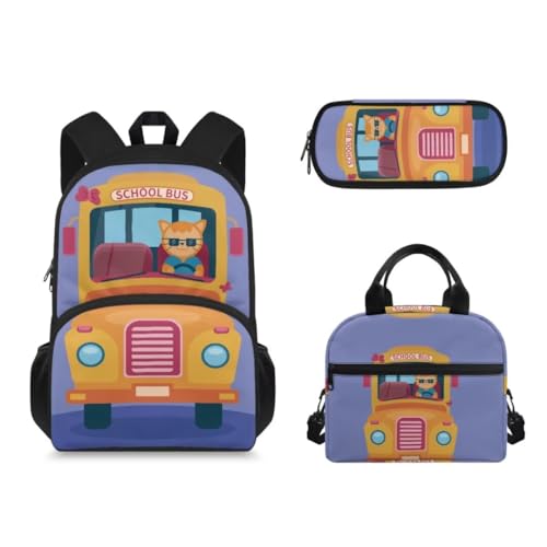 FUIALDOLG School Backpack for Girls Boys, Cartoon School Bus 3 in 1 Water Resistant School Bag with Mesh Pockets Large Capacity Pencil Box Tote Bag Thermal insulated Lunchbox