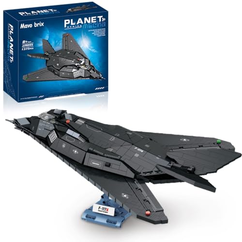 F-117A Nighthawk Fighter Jet Building Block Set for Adults – 20 in Planet Military Airplane Air-Force with Display Stand, Compatible with Lego Plane, 1375 Pcs