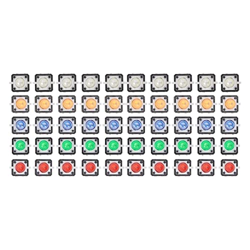 50 Pcs Mini Momentary Push Button Switch, Resettable LED Light Button Switch, Tactile Switch Button with 5 Colors Round, DC 12V