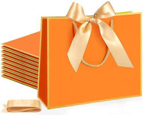 Silkfly 12 Pcs Thank You Gift Bags with Handle 12x10x4'' Welcome Bags Return Gifts with Bow Ribbon for Wedding Bridesmaid Baby Shower Housewarming Birthday Summer Christmas Vacation(Orange, Gold)