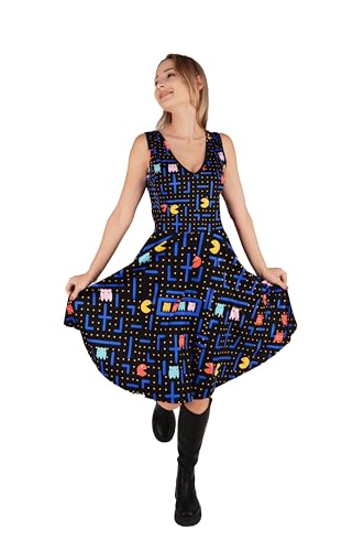 Womens Summer Sun Dress Maze Cartoon Black Fun V-Neck Skater Dress - L