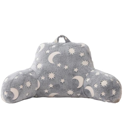 A Nice Night Star Moon Plush Reading Pillow Glow in The Dark Bed Wedge Children Backrest with Arms Back Support for Sitting Up in for Bedrest,Grey