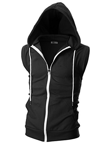 Ohoo Mens Slim Fit Sleeveless Lightweight Zip Up Hooded Sweatshirt Vest Hoodie / DCF012-BLACK-L