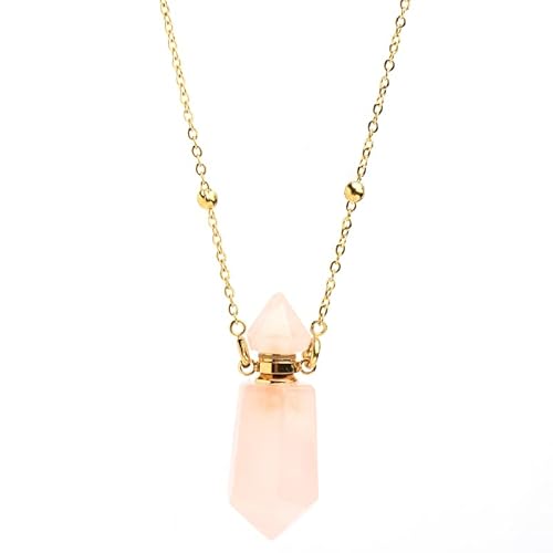 QIQIXIN Rose Quartz Perfume Bottle Necklace Aromatherapy Necklace Hexagonal Pointed Essential Oil Diffuser Necklace for Women Vial Necklace (rose quartz)