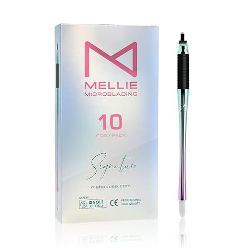 M PACK OF 10 Mellie's Signature Microblading Disposable Pen - Sterilized Blade - Comfortable Rubber Grip With Pigment Sponge (U18 NANO .15mm, Multi Color)