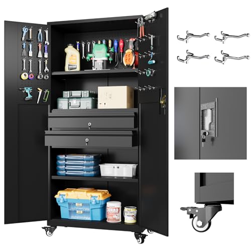 JFHID 71" Metal Garage Storage Cabinet with Drawers and Wheels Rolling Tool Chest Cabinet with Pegboards, Lockable Storage Cabinets with Adjustable Shelves for Warehouse,Workshop,Garage, Basement