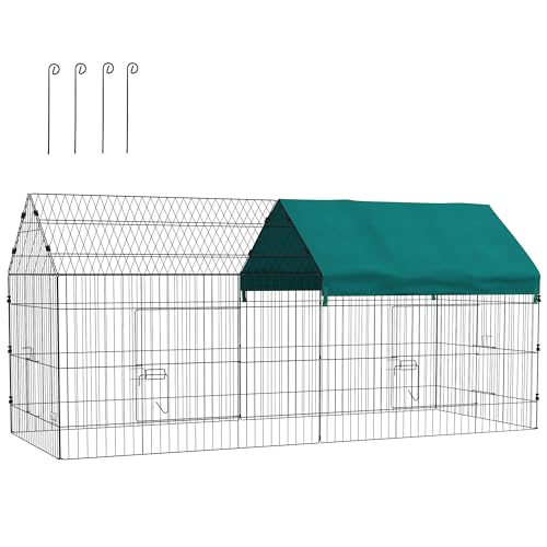 PawHut 87"L Small Animals Pet Playpen Catio Cage with Doors for Rabbits, Guinea Pig, Chicken, Chinchillas, Cat, Quail, Duck, Outdoor Inoor Usee with Spire Roof, Green