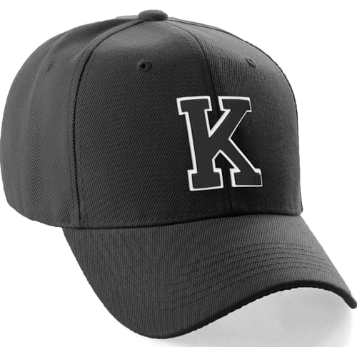 Classic Baseball Hat Custom A to Z Initial Team Letter, Black Cap White Black Letter K