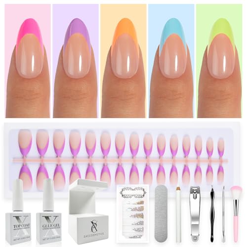 SXC Cosmetics X-Pro Tips French Tip Press On Nails - Bright Pastel Glow in the Dark Series (GLOW115KIT-M Almond)