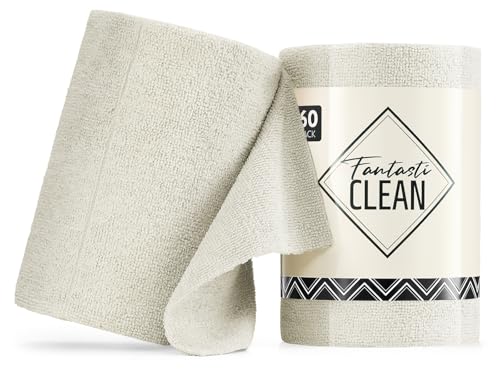 Fantasticlean Microfiber Cleaning Cloth Roll -60 Pack, Tear Away Paperless Towels, 8" x 8", Reusable Washable Rags, for Home Kitchen, Pet, Office, Indoor Outdoor, Compact and Portable (Off-White)