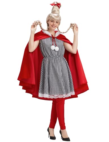 Wabolay Who Lou Costume Adult Women Christmas Dress Cute Plaid Costumes Mrs Santa Xmas Cosplay Halloween Outfit Party Suit Set with Blonde Wig Hooded Cloak Cape Bow L/XL