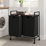 WOWLIVE Double Laundry Hamper with Lid,Rolling Laundry Basket Organizer with Wheels, Iron-Made Laundry Sorter with Top Shelf and 2 Removable Bags,Large Laundry Storage for Room,Black 1