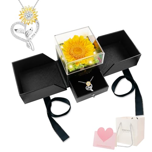 Sereney Preserved Sunflower Gifts for Women, You are My Sunshine Necklace as Flower Jewelry Birthday Gift for Mom, Silver Necklace Anniversary Yellow Gifts for Wife Daughter Girlfriend