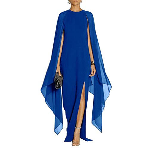 MAYFASEY Women's Elegant High Split Flared Sleeve Long Formal Evening Gown Dress with Cape Blue L