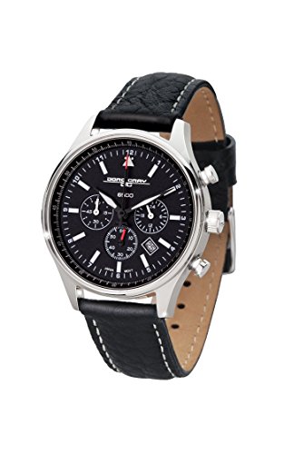 Jorg Gray JG6500-21 Commemorative Round Watch with Black Italian Buffalo Grain Leather Strap with White Stitches