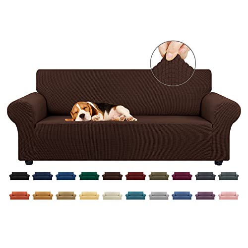 KEKUOU Stretch Sofa Cover Slipcover ，Couch Covers for 3 Cushion Couch Sofa pet Friendly (79"-94") Furniture Protector Sofa with Elastic Bottom for Kids,Dog, Jacquard Small Checked(Large,Chocolate)