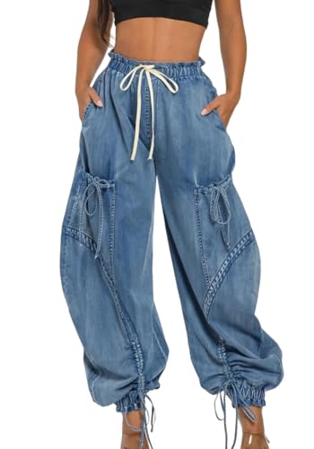 Womens Casual Jean Joggers Denim Drawstring Elastic Waist Oversized Baggy Cargo Plus Size Stretch Parachute Jeans Pants