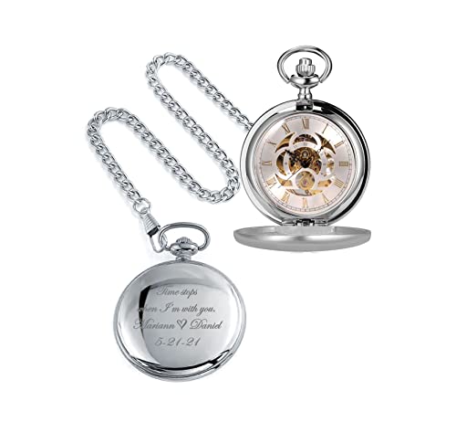 Personalized Antique Mechanical Movement Silver Pocket Watch Custom Engraved Free with Gift Box - Ships from USA (PW51)