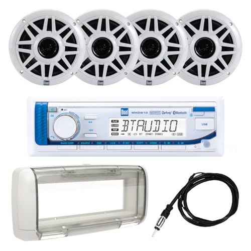 Dual Electronics MXP154SG Marine Radio | AM/FM Digital Media Receiver with Built-in Bluetooth | (4) 6.5″ Marine Stereo Speakers | Splashguard | Antenna | USB Playback with 2.1A Fast Charging | White