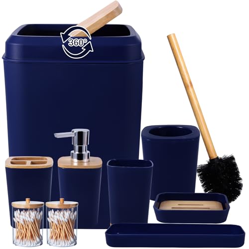 Bathroom Accessories Set, 9 Piece Navy Blue Bathroom Accessory Set with Trash Can,Toothbrush Holder,Toothbrush Cup,Lotion Soap Dispenser,Vanity Tray,Soap Dish,Toilet Brush,Qtip Holder