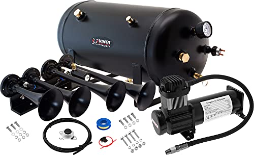 Vixen Horns Train Horn Kit for Trucks/Car/Semi. Complete Onboard System- 200psi Air Compressor, 5 Gallon Tank, 4 Trumpets. Super Loud dB. Fits Vehicles like Pickup/Jeep/RV/SUV 12v VXO8350B/4124B