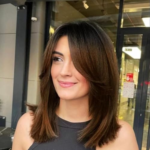 vedar Afro Brown Wigs with Bangs, Ombre Dark to Brown Short Bob Wigs, Middle Part Layered Haircut, Shoulder Length, Natural Straight Brunette Wig for Women, 14 inch VEDAR-251