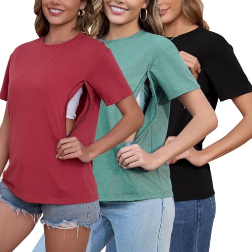 Ecavus Women's 3-Pack Nursing Shirts for Breastfeeding with Hidden Zippers Loose Fit Maternity Tops