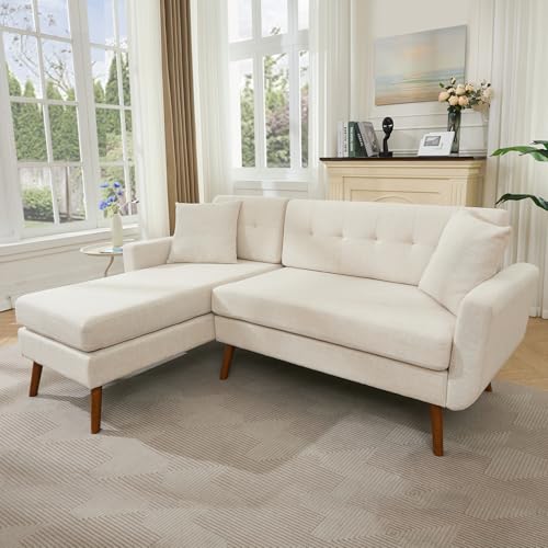 Tbfit L Shaped Couch Sofa, 80" W Mid-Century Modern Sectional Couches, 3 Seater Sofas with Wide Chaise Lounge & Two Pillows,Button Tufted Upholstered Sectional Sofa for Living Room, Bedroom, Beige