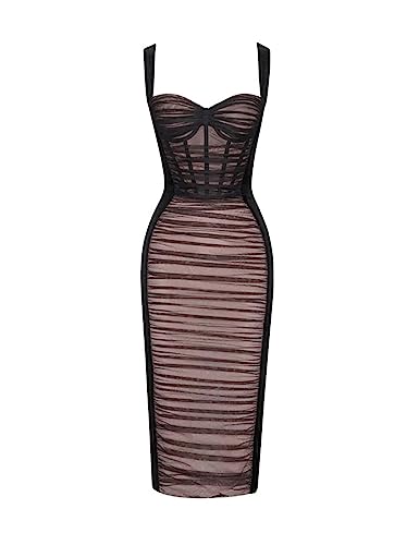 houstil Women's Strap Wedding Guest Dress Velvet Mesh Bodycon Cocktail Party Fishbone Mini Clubwear (M, Black)