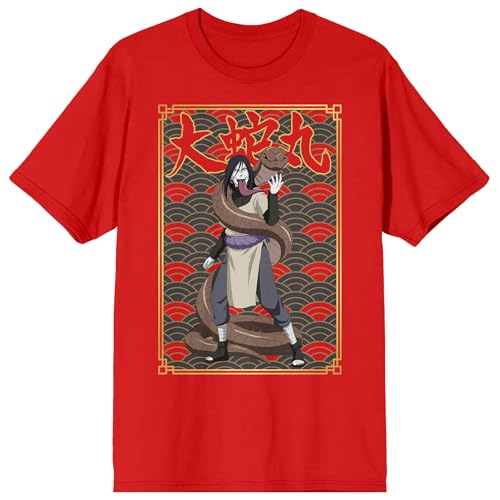 Naruto Shippuden Orochimaru & Snake Adult Red Crew Neck Short Sleeve T-Shirt-Small