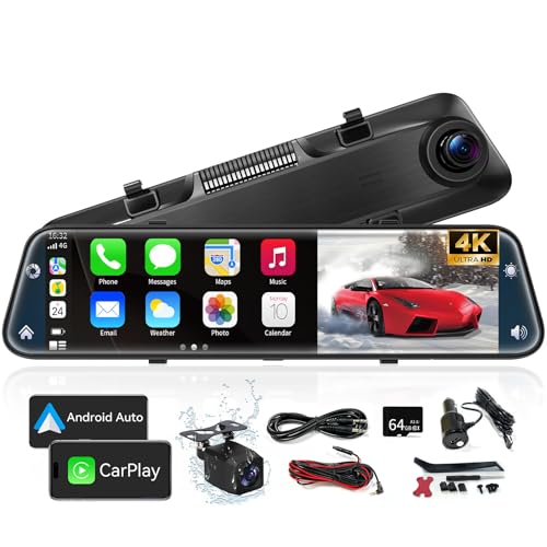 4K Rear View Mirror Camera with Carplay&Android Auto,12" Mirror Dash Cam Front and Rear with Voice Control for Cars&Trucks,Smart Touch Screen,64GB Card Included/Parking Monitor/Reverse Assist