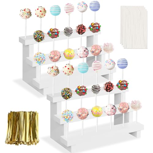 KHayRovies 2Pcs Wood Cake Pop Stand, White Lollipop Holder 3 Tier with Twist Ties Lollipop Sticks, 17 Holes Sucker Display Riser for Dessert Table of Wedding Birthday Party