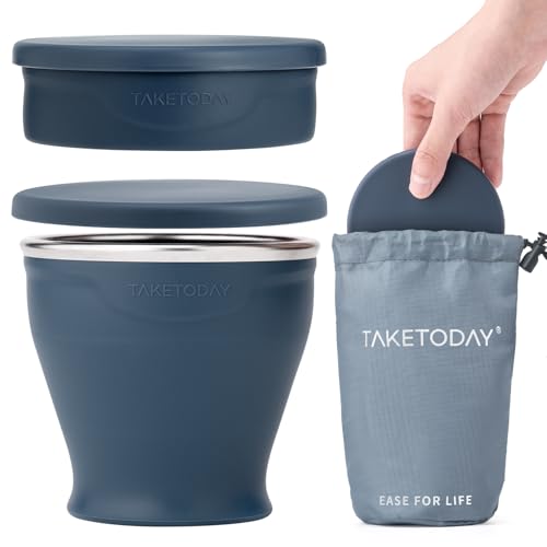 Collapsible Travel Cup - Silicone Foldable Water Cup, BPA-Free with Lid & Waterproof Bag - Drinking Cup Set for Camping, Outdoors & International Travel（8 Oz, Navy）