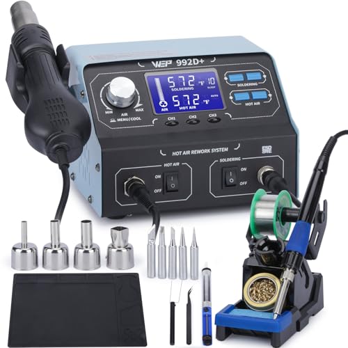 WEP 992D+ 2-in-1 Soldering Iron Kit and Hot Air Rework Station with 3 Preset Channels, LCD Display, Interchangeable Handles, Sleep Mode, X-2 Iron Holder, 5 Iron Tips, Desoldering Pump and Tweezers