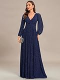 Ever-Pretty Women's V Neck Ruched High Waist Long Sleeves Floor Length Glitter Evening Dresses Emperador US20 Navy Blue