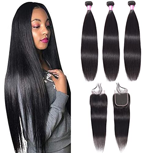 FQ Peruvian Straight Human Hair Bundles with Closure(26 28 30+20 Closure) Unprocessed Virgin Human Hair 3 Bundles with Closure 10A Straight Hair Weave Bundles with Lace Closure Natural Color