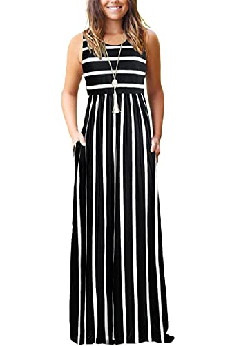 MOLERANI Women's Loose Plain Maxi Dresses Casual Long Dresses with Pockets,Black White Stripes,M