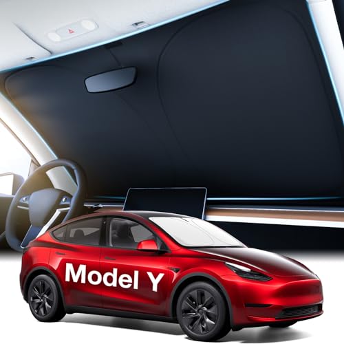 2025 Upgraded Tesla Model Y Windshield Sunshade [OEM Design, 100% Sun Blockage] Foldable Heat Insulation Sunshade with Storage Bag, for Model Y 2016~2025