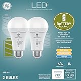 GE LED+ Backup Battery LED Light Bulbs, A21 Rechargeable Emergency Light for Power Outages + Flashlight, Soft White (2 Pack)