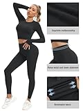 Women Workout Sets 2 Pieces Long Sleeve Seamless Yoga Outfits Gym Clothes (J068M- Black)