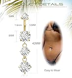 Masedy G23 Titanium Dangle Belly Button Rings for Women Dangling Navel Rings CZ Belly Rings Curved Barbell Internally Threaded Belly Piercing Jewelry Gold