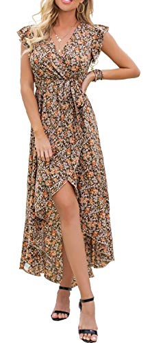 GRECERELLE Women's Summer Casual Cross V Neck Dress Bohemian Flowy Long Maxi Dress FP Pastoral Coffee-Large